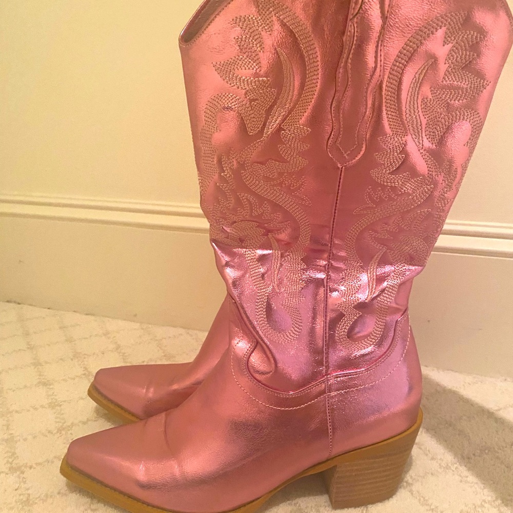 Pink Shiny Cowgirl Boots-Size 9